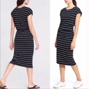 3/$25 Athleta Black and White Striped Midi Dress with Rouged Sides